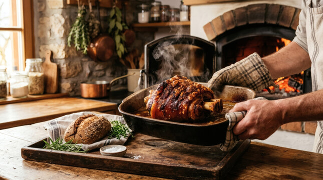 Schweinshaxe Roasted Pork Knuckle with Crackling Skin in Rustic Farmhouse Kitchen