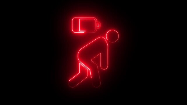 Neon low battery human animation, tired exhausted person symbol, burnout and fatigue concept, digital energy depletion minimalist glowing red sign for stress and overwork