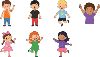 Fototapeta premium Cute diverse children cartoon characters collection with happy kids poses isolated vector illustration set for education design