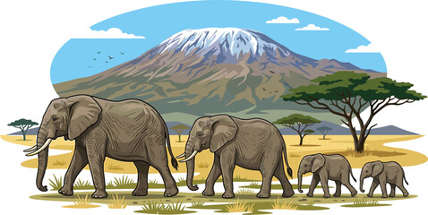 African elephant family walking across the savanna with Mount Kilimanjaro in the background, detailed vector illustration of wildlife in their natural habitat. © MDHABIBUL