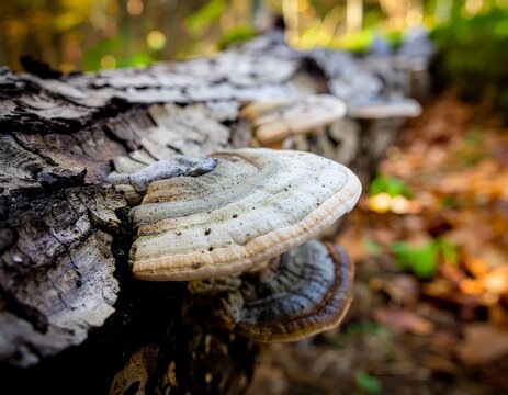 Shelf fungi growing on a decaying log in a forest.