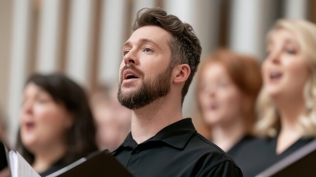 Man with beard singing in choir group during musical rehearsal indoor