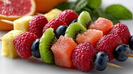 Obraz premium Rainbow fruit skewers on a white background showcasing colorful fresh fruits, arranged neatly for a vibrant, healthy snack