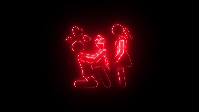 Neon proposal animation: man kneeling with flowers and hearts, romantic love concept for valentine's day