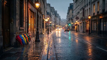 Fototapeta premium Empty city street at night in the rain with glowing street lights and colorful reflections on a wet road