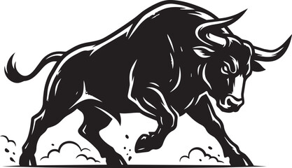 Fototapeta premium Black bull charging with dust effect in dynamic pose isolated on transparent background, Vector