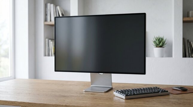 A modern computer monitor sits on a wooden desk in a well-lit home office with a keyboard and mouse.