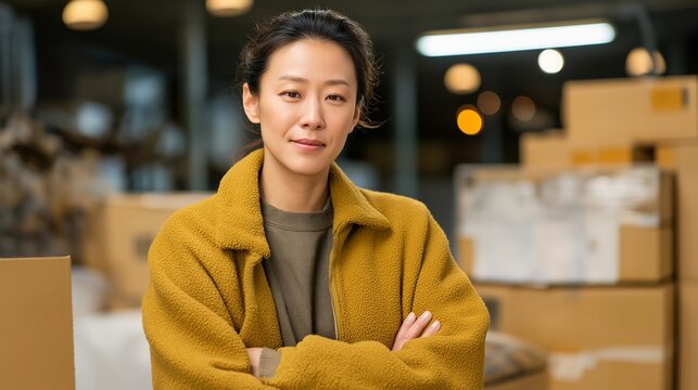 Asian female entrepreneur surrounded by shipping boxes and inventory spreadsheets in bare garage space, tired but determined expression under harsh fluorescent light, ideal for startup journey,