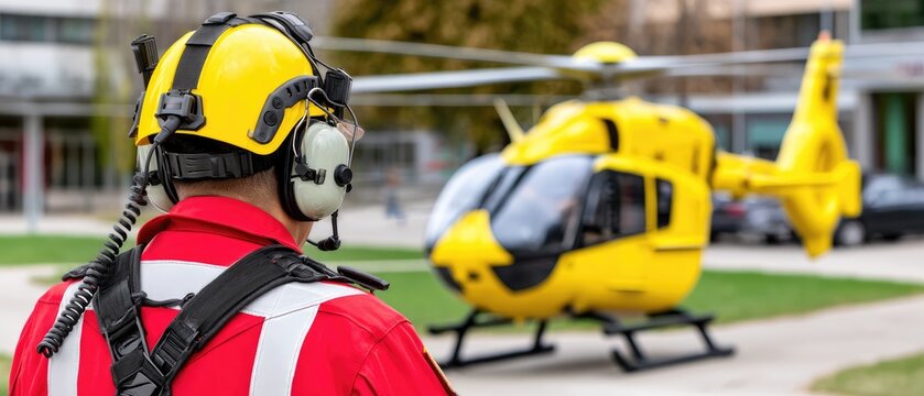 View from behind of a person in safety suit observing a yellow helicopter on an overcast day in a busy area with cars in the background