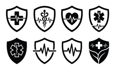 Fototapeta premium Eight black shield icons displaying various medical symbols a striking silhouette