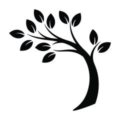Stylized black silhouette of a tree with a curved trunk and numerous leaves on its branches, depicted against a white background. © Shukhi's world 