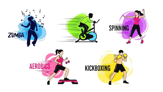 Group Fitness Classes Icon Set: Colorful Vector Graphics for Zumba, Spinning, Aerobics, and Kickboxing. Perfect for Gym Schedules and Fitness Apps