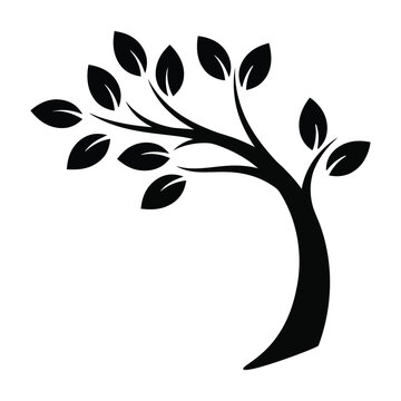 Stylized black silhouette of a tree with a curved trunk and numerous leaves on its branches, depicted against a white background.