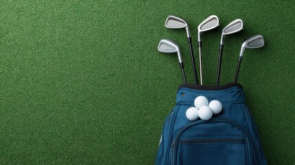 Blue golf bag with iron golf club and white golf ball on grass