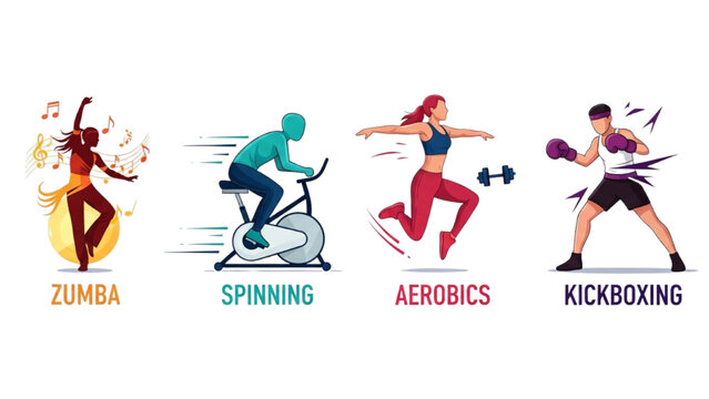 Group Fitness Classes Icon Set: Colorful Vector Graphics for Zumba, Spinning, Aerobics, and Kickboxing. Perfect for Gym Schedules and Fitness Apps