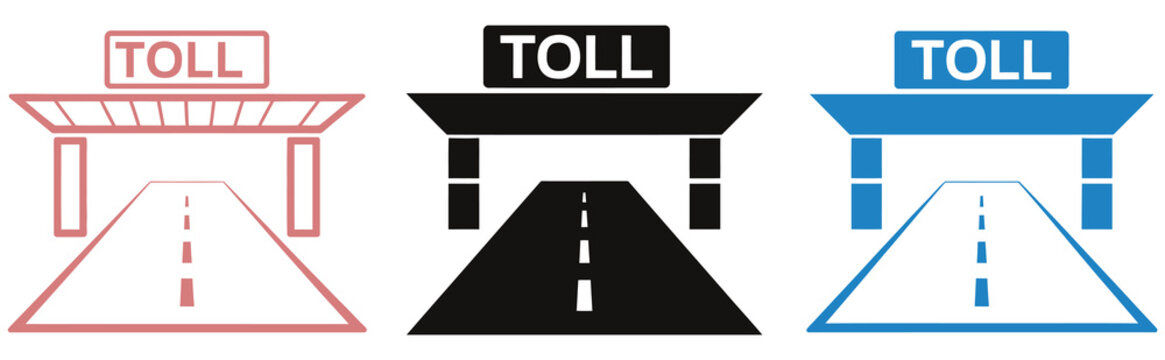 Road toll icon set, flat design style, toll booth and barrier gate symbols, highway payment and traffic control concept, modern vector illustration for transportation apps, road systems, and infrastru