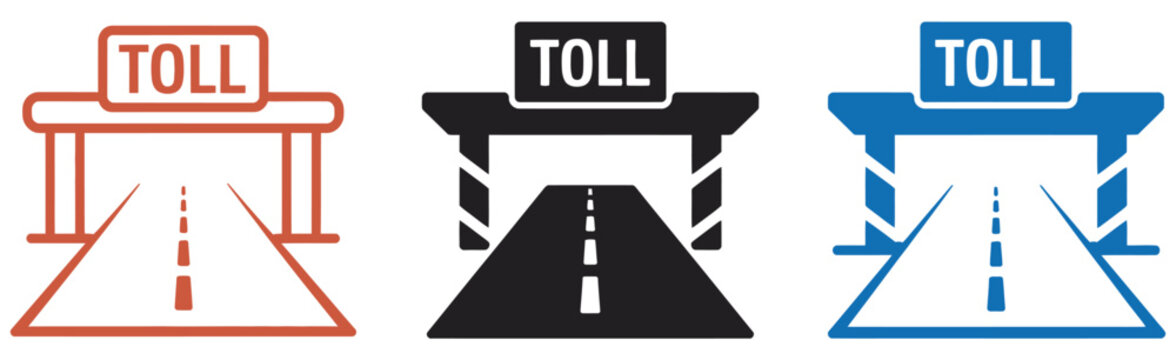 Toll road icon set, flat style vector illustration, toll gate, barrier arm, and payment booth symbols, transportation and highway fee concept, clean design elements for navigation apps, city maps, and