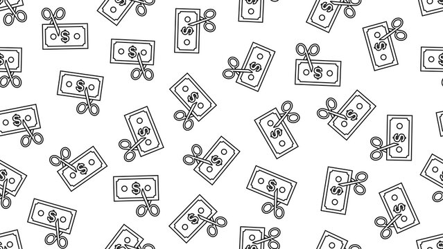 Seamless vector pattern of scissors cutting a money note on a transparent background, symbolizing financial tax. Tax, taxes, VAT, and the taxation concept background. Finance and business patterns.