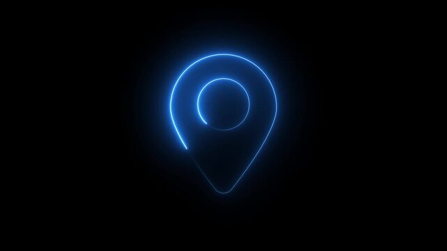 Neon blue glowing map location pin animation on black background, navigation