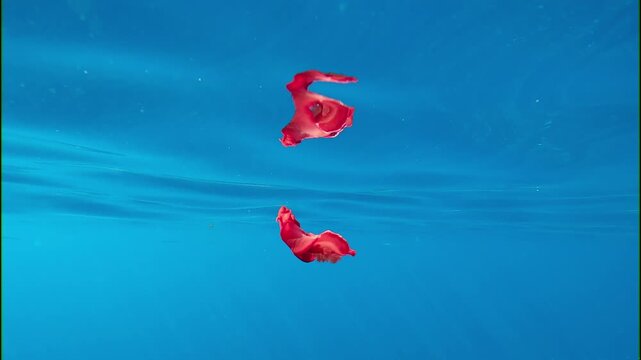 Vibrant blood-colored sea slug Spanish dancer swims in bright blue water mirrored in surface at sunny day. Vivid Dorid nudibranch Hexabranchus sanguineus swimming in sea reflecting in water surface