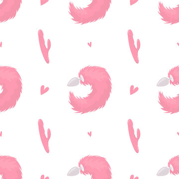 Sex toys seamless pattern. Flat vibrator and anal plug tail vector pattern