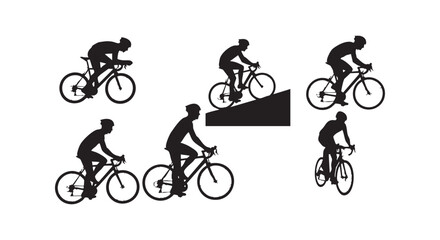 Naklejka premium Cyclist silhouette set featuring professional road bike riders in different racing poses on flat ground and uphill terrain.