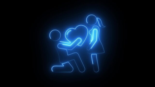 Neon glowing stick figure couple proposing with heart animation on black background, proposal marriage