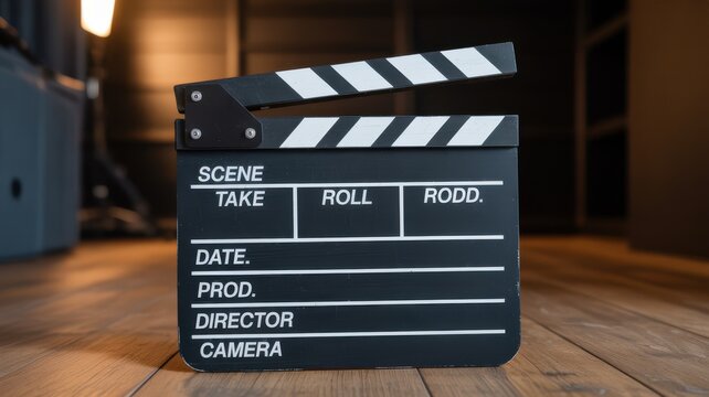 Cinema Clapperboard on Wooden Floor in Studio Environment