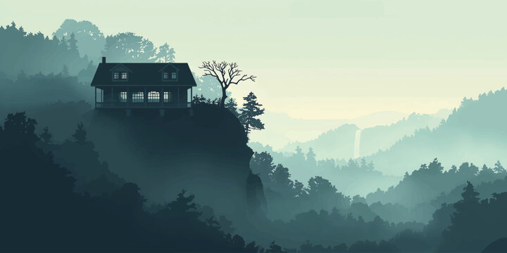 Mysterious House on Foggy Mountain Cliff with Distant Waterfall