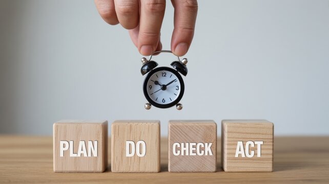 PDCA cycle business management concept with wooden blocks and alarm clock