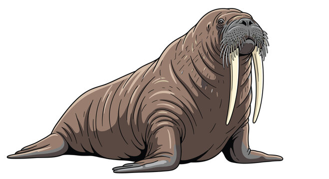 A majestic walrus is depicted with impressive tusks and a wrinkled body, sitting confidently on a white background in a detailed illustration.