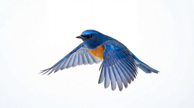 A vibrant blue bird with orange chest flying isolated on white background in mid air