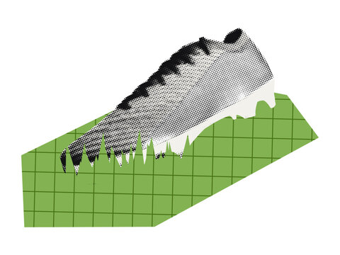 Halftone soccer cleat and green grid paper field scrap cut out. Playful football world cup collage sticker with dotted texture and doodles. Modern retro grunge mixed media vector illustration isolated