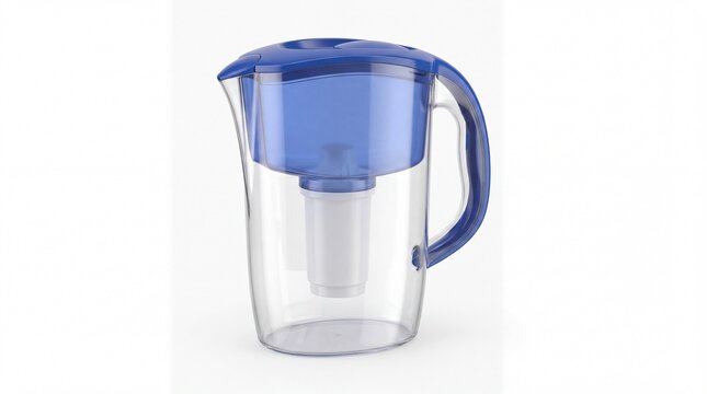 Blue and clear plastic water pitcher with filter on white background