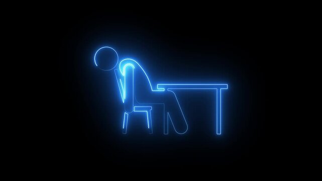 Neon stick figure sleeping at desk animation, tired office worker concept, burnout and fatigue symbol