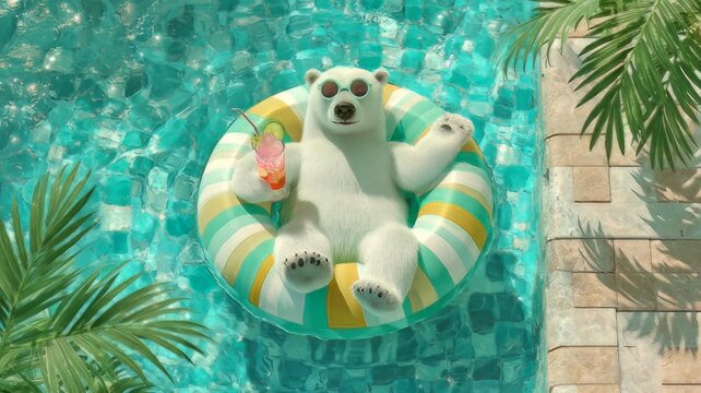 Polar bearfloating in a swimming pool with a drink and sunglasses, polar bear in a swimming pool,polar bear in the pool, polar bear in the water, bear in pool