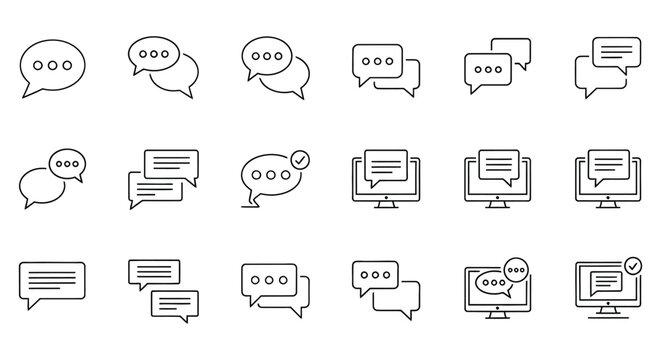 A set of black and white line drawings of speech bubbles and chat icons, arranged in rows on a white background.