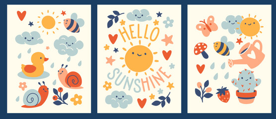 Naklejka premium Hand drawn kids quote posters in naive flat doodle style wall art. Spring and summer scandinavian style bedroom decoration with cheerful sun and baby themes. Vertical printable designs.