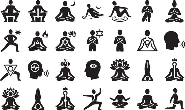 Spiritual Yoga and Meditation Icon Set with Chakra Symbols and Mindfulness Pictograms