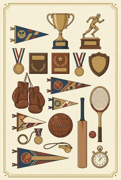 Vintage sports trophies medals pennants boxing gloves cricket bat tennis racket stopwatch