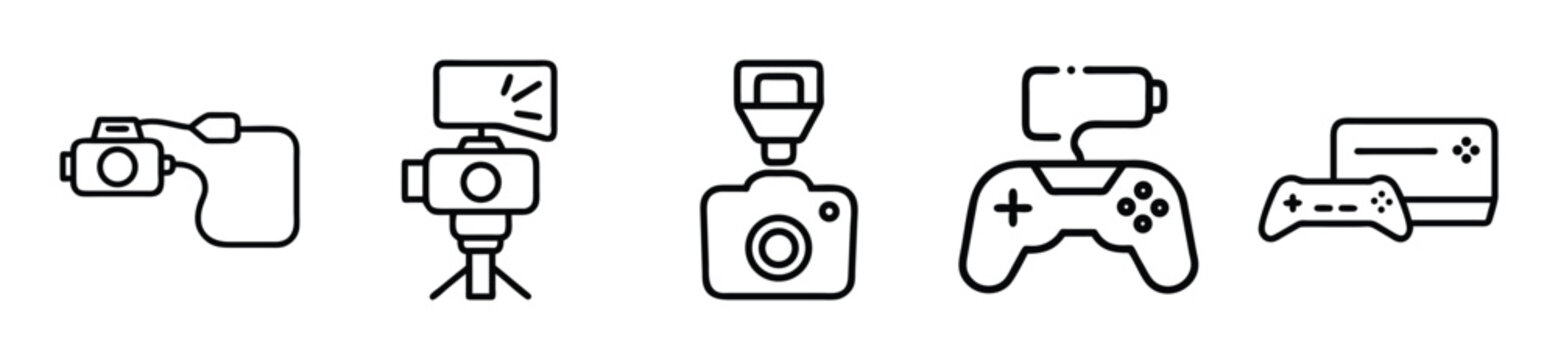 Set of electronic device icons including camera with cable, video camera on tripod, camera with flash, game controller with battery, and game console