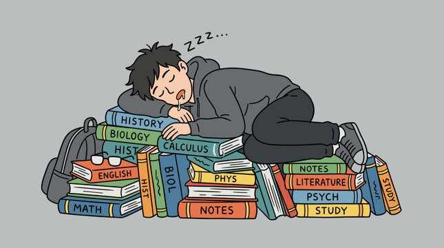 An exhausted student sleeping on a massive stack of books after a long night study session vector illustration for exam stress