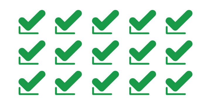 Collection of green check marks on transparent background, simple icons, web elements, flat design style.