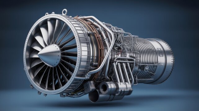 Detailed silver aircraft jet engine on dark blue background
