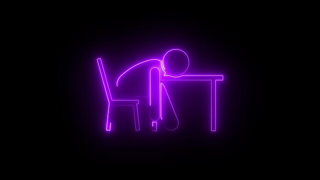 Neon stick figure sleeping at desk animation, tired office worker concept, burnout and exhaustion symbol