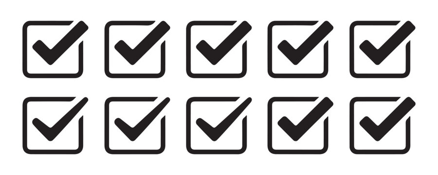 Set of black check mark icons inside rounded square frames isolated on transparent background for web design.
