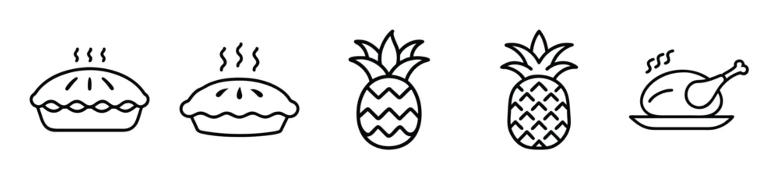 Set of food icons including pie, pineapple and roasted chicken simple outline vector illustration of various food items isolated on white background