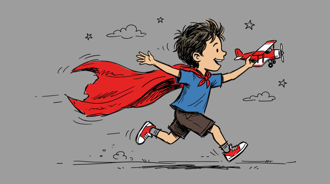 An energetic boy in a red cape running and pretending to fly with an airplane toy in a flat vector hand-drawn style