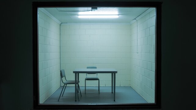 Empty interrogation room with table and chairs seen through observation window