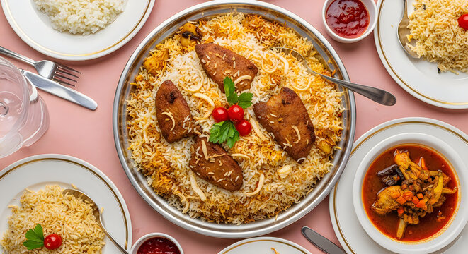 Middle eastern feast kabsa with liver and traditional accompaniments
